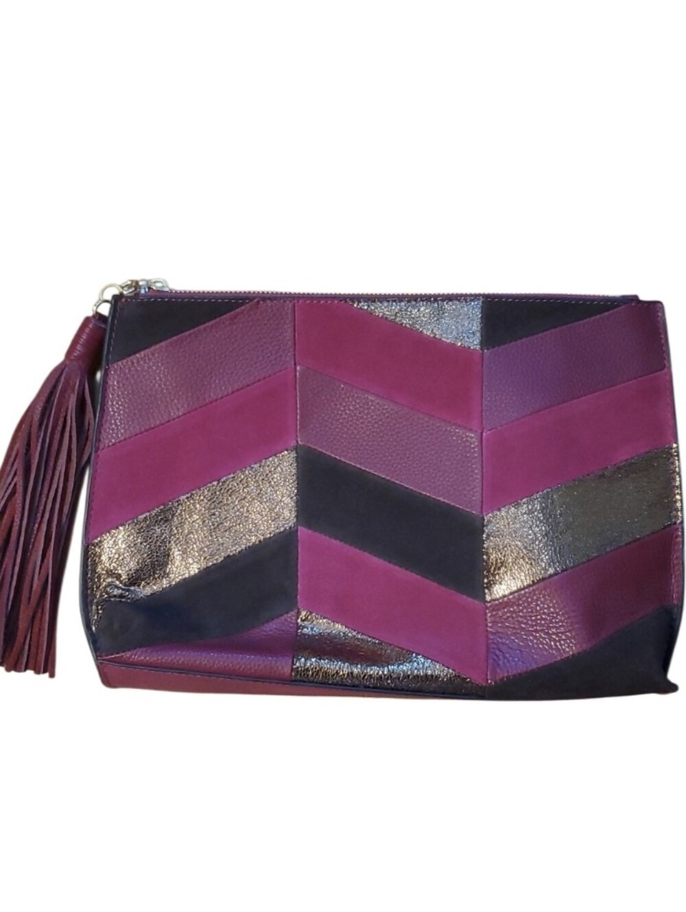 Sam Edelman Walker Burgundy Suede Leather Metallic Chevron Clutch With Tassel